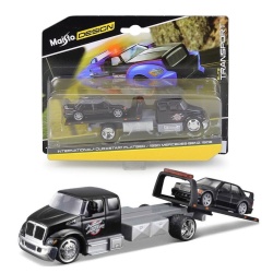 MAISTO DESIGN ELITE TRANSPORT SET CAMION CU RAMPA INTERNATIONAL DURASTAR FLATBED SI MASINUTA MERCEDES BENZ 190E 1990 SCARA 1 LA 64 - Img 4