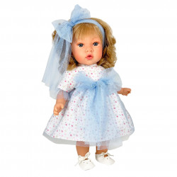 Papusa Nines D'Onil, Susette Tul, cu parul blond, cu sunete, cu funda albastra, cu miros de vanilie, 45 cm