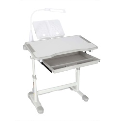 Set birou reglabil pentru copii cu scaun ergonomic, lampa LED USB, blat inclinabil, suport carti si organizator, 70 x 51 cm, culoare gri/alb, pentru scolari si prescolari - Img 9