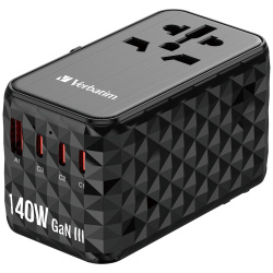 Verbatim UTA-10 GaN III 140W Universal Travel Adapter with 2 x USB-C® PD 3.1 & QC 4+, 1 x USB-C PD 3.0 & 1 x USB-A QC 3.0 ports