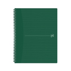 CAIET OXFORD ORIGINS, A4+ 70 FILE, HARTIE OPTIK 90G/MP, SPIRA DUBLA, SCRIBZEE, ECOLABEL, COPERTA PLASTIFIATA FLEXIBILA, MICROPERFORATII, MARGINI LINIATE, PAGINA INFO PERSONALE, DICTANDO, CULOARE VERDE