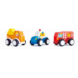 Hape Set 3 Masinute cu Motor Pull-Back din lemn
