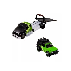 MAISTO DESIGN ELITE TRANSPORT SET CAMION CU RAMPA INTERNATIONAL DURASTAR FLATBED SI MASINUTA FORD BRONCO WILDTRAK 2021 SCARA 1 LA 64 - Img 3