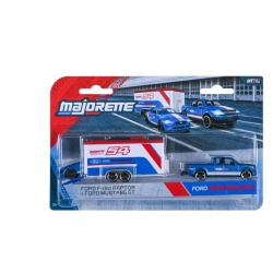 MAJORETTE TRANSPORTER SET REMORCA DE CURSE DELUXE FORD F 150 RAPTOR SI MASINUTA FORD MUSTANG GT
