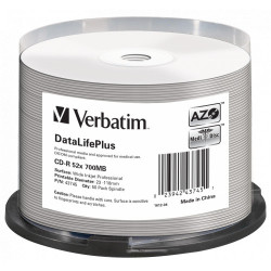 Verbatim cd-r azo 700mb 52x dl+ white wide printable surface non-id