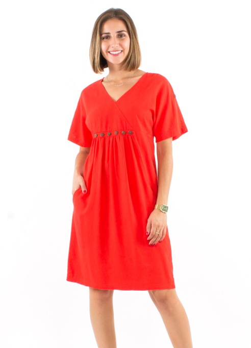 Rochie rosie midi din in si vascoza