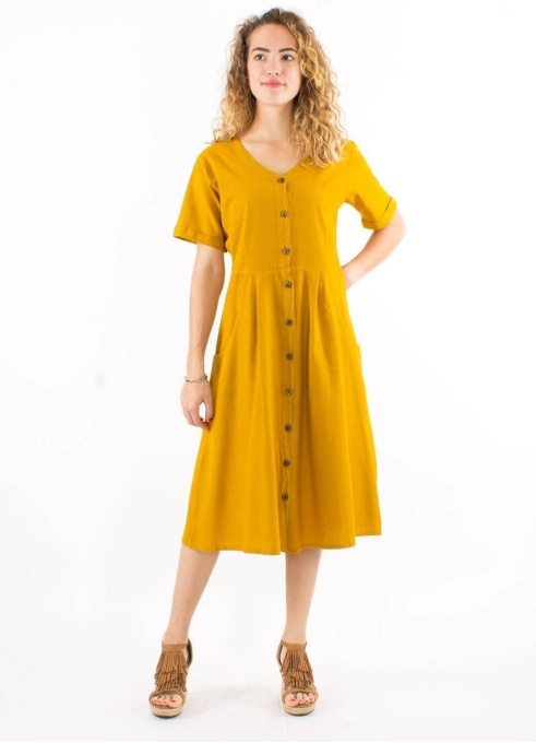 Rochie bumbac mustar cu nasturi