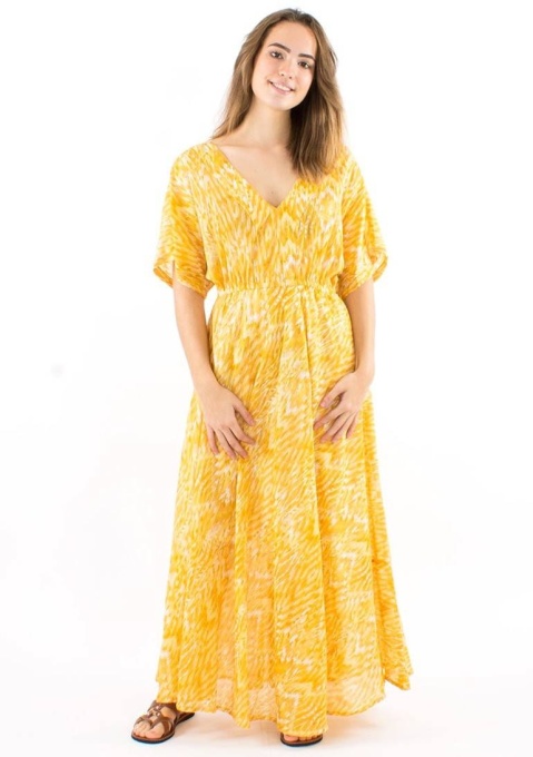 Rochie lunga galbena print aztec pastel
