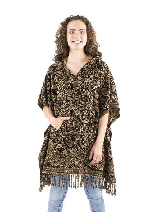 Poncho negru Boho Etnic floral