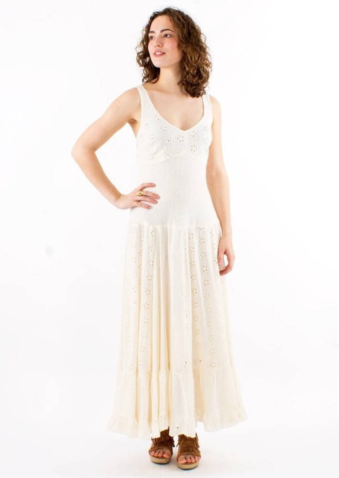 Rochie Maxi bumbac cu broderii nuanta ecru
