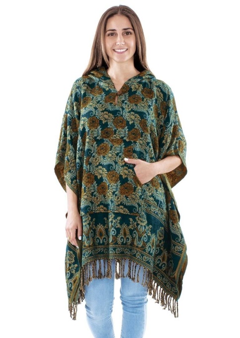 Poncho petrol Boho Style cu gluga