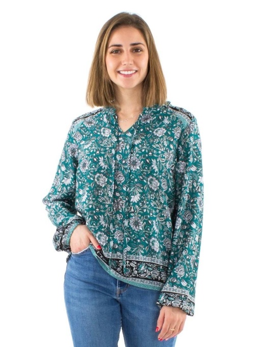 Bluza boema smarald cu print "bujor"