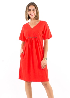 Rochie rosie midi din in si vascoza - Img 1