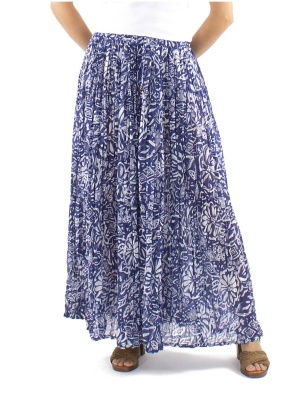 Fustă bleumarin din voal de bumbac încrețit Magnolia print - Img 1