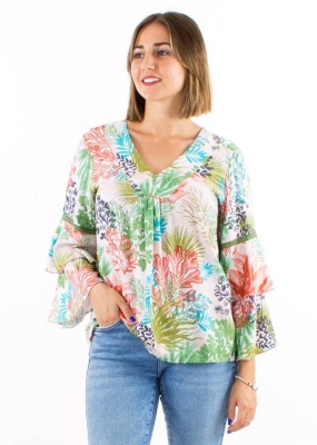 Bluza tropicala cu maneci cu volane - Img 2