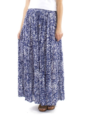 Fustă bleumarin din voal de bumbac încrețit Magnolia print - Img 2
