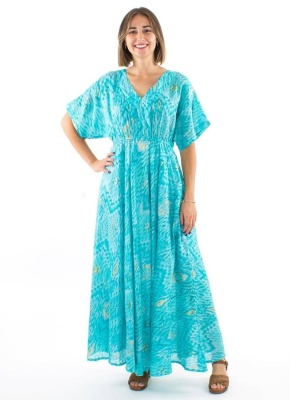 Rochie lunga turquaz print aztec pastel - Img 1