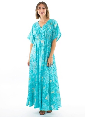 Rochie lunga turquaz print aztec pastel - Img 2