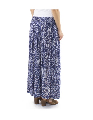 Fustă bleumarin din voal de bumbac încrețit Magnolia print - Img 3