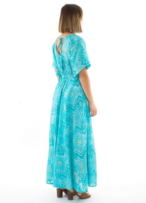 Rochie lunga turquaz print aztec pastel - Img 3