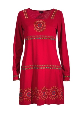 Rochie rosie bumbac cu motive etnice - Img 1