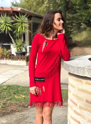 Rochie roșie Etnic Chic cu modele colorate - Img 1