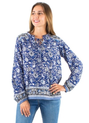 Bluza boema marine cu print "bujor" - Img 1