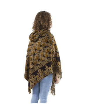 Poncho negru cu model floral boem - Img 2