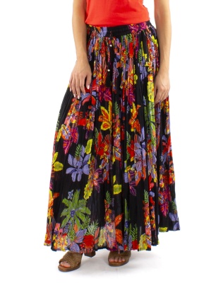 Fustă neagră din voal de bumbac încrețit Hawaiian print - Img 1