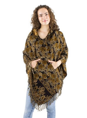 Poncho negru cu model floral boem - Img 1