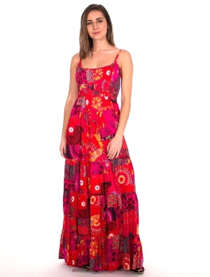 Rochie lunga rosie print etnic - Img 1