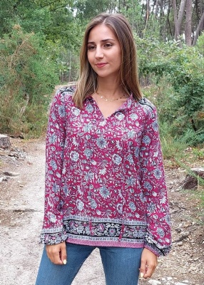 Bluza boema cu print "bujor" - Img 1