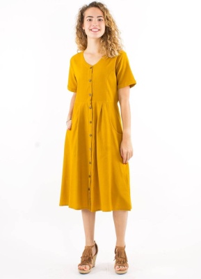 Rochie bumbac mustar cu nasturi - Img 3