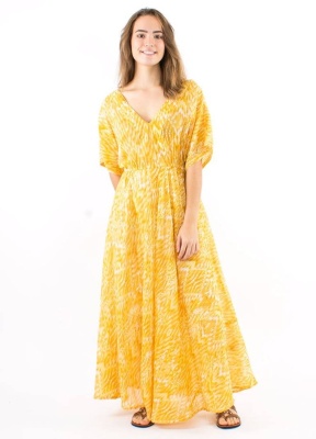 Rochie lunga galbena print aztec pastel - Img 3