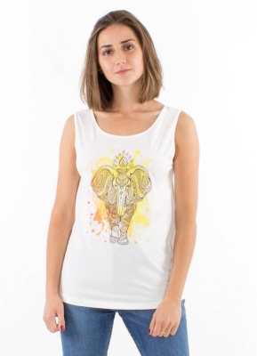 Top bumbac ecru cu print elefant - Img 1