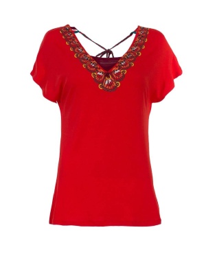 Tricou corail cu decolteu etnic - Img 1