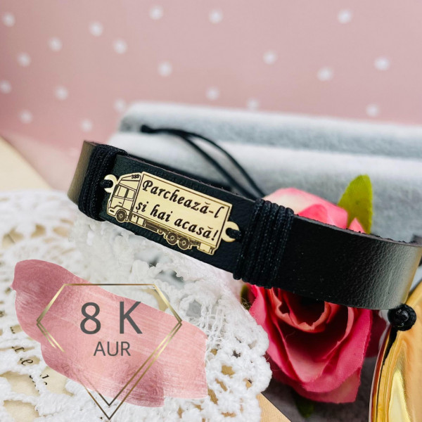 Bratara piele si TIR din aur 8k - Parcheaza-l si hai acasa - personalizabil cu orice mesaj