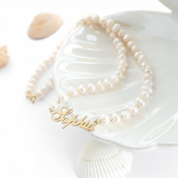 Colier cu perle de cultura si pandantiv personalizabil din aur 14k