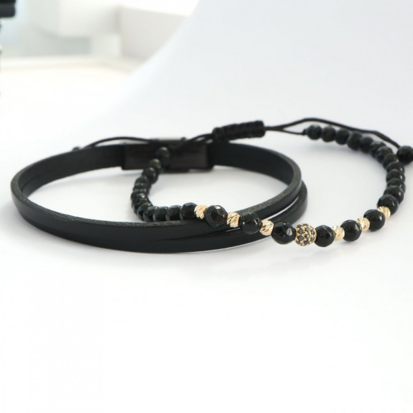 Set 2 brățări cu piele, elemente din aur 14K si onix fațetat