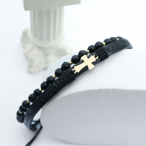 Brățara 2 in 1 cu piele embosata text, cruciulita Aur si Onix fațetat + bilute