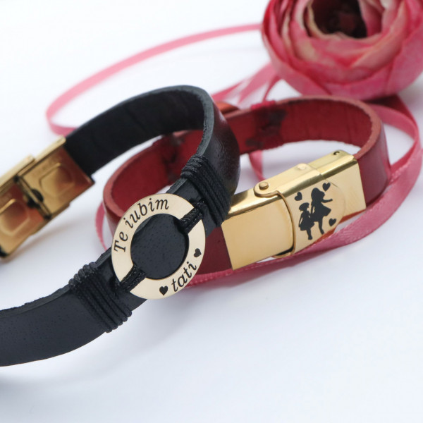 Bratara piele si disc din aur 14k