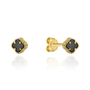 Cercei Aur 14K cu Trifoi Negru de 4mm - Eleganță și Noroc