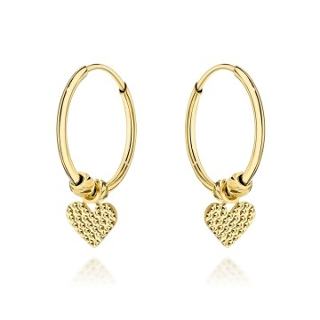 Cercei Din Aur 14K Cu Inimi Și Bile Diamantate Tip Creole