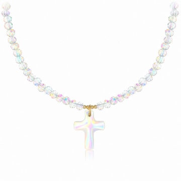 Colier Shiny Cross din AUR 14K și Cristale Iridescente