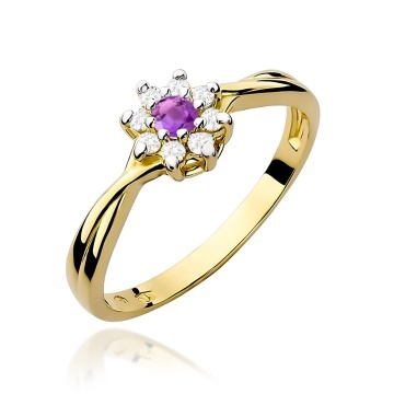 Inel Aur 9K cu Ametist 0.10 ct si Diamante Naturale 0.12 ct