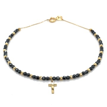 Brățară cu Bile de Aur 14K Diamantate, Hematit și Pandantiv Cruce