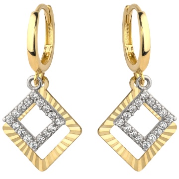 Cercei Aur 14K cu Două Pătrate, Unul Diamantat și Unul cu Zirconii, Model Creol