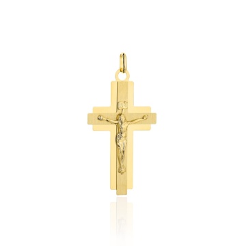 Cruciuliță Mică Din Aur Galben 14K Satinată Cu Ramă Lucidă Și Chipul Lui Isus