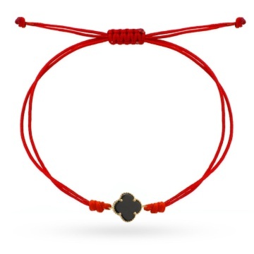Brățară Aur 14K Trifoi Negru pe Șnur Roșu - Eleganță și Noroc