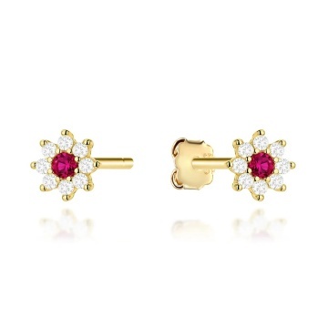 Cercei Aur 14K Floare Cu Pietre Fucsia Și Zirconii
